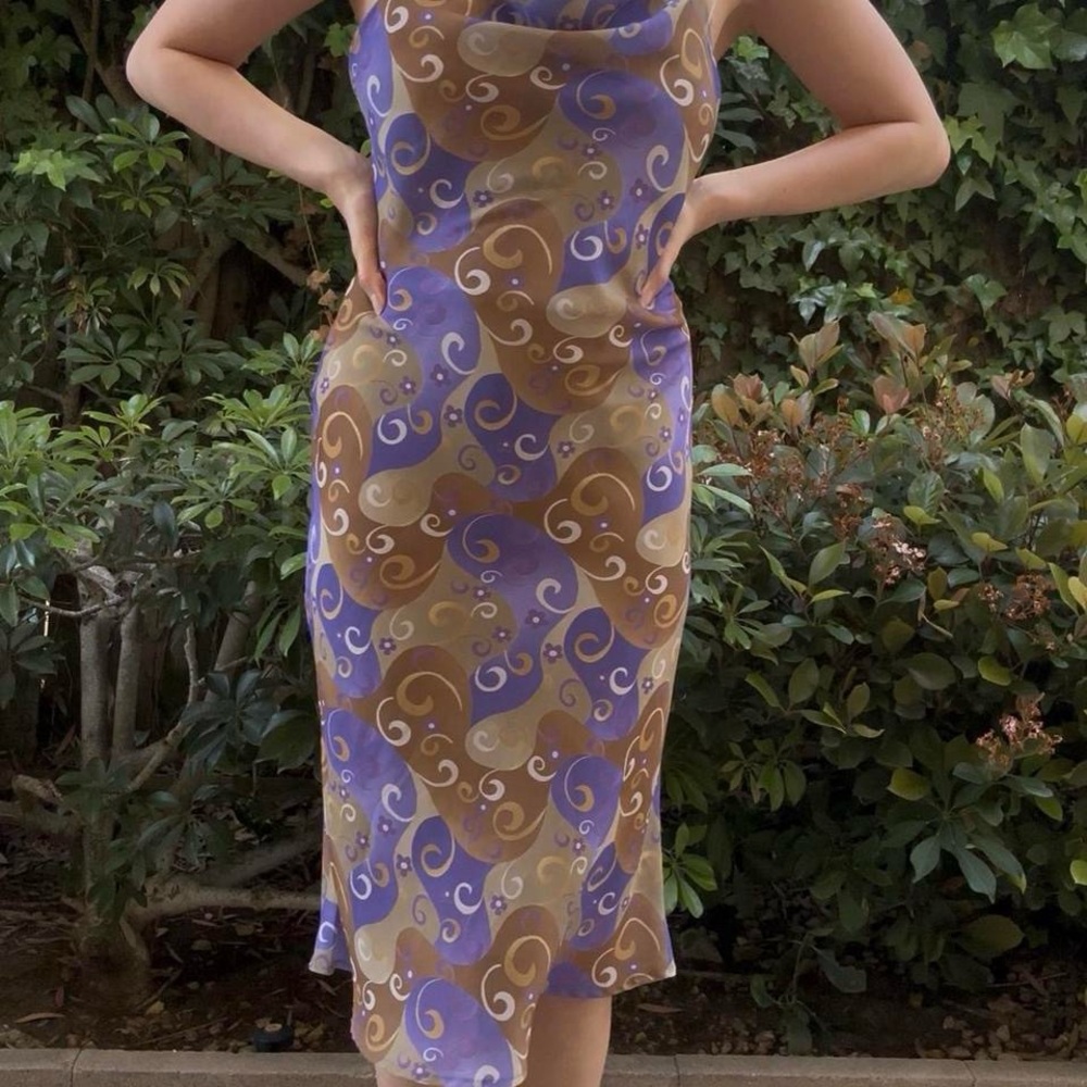 Vintage Purple Swirl Cowl Neck Midi Dress